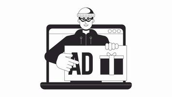 Laptop with click fraud bw outline 2D animation. Online advertising fraud on notebook 4K video motion graphic. Fraudster on computer monochrome linear animated cartoon flat concept, white background