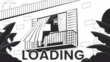 Relaxing on balcony bw loading animation. Curtain open window breeze outline 2D cartoon scene 4K video loader motion graphic. Shaking barefoot legs. Relaxed weekend animated gif isolated on white