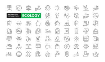 Set of 66 Ecology line icons set. Ecology outline icons with editable stroke collection. Includes ESG, Recycle, Wind Turbine, Solar Energy, Net Zero, and More. vector