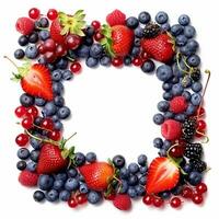 Berries frame on white background. Ripe strawberries, blueberries, currants and blackberries photo