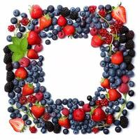 Berries frame on white background. Ripe strawberries, blueberries, currants and blackberries photo