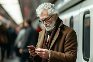 Old man London device subway. Generate Ai photo
