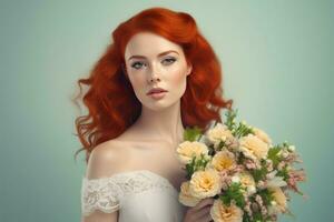 Red hair bride veil. Generate Ai photo