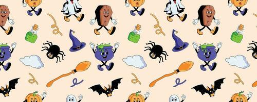 Groovy Halloween seamless autumn pattern. Retro cartoon elements and characters. Pumpkin, ghost, spider, bat, potion. Modern vector illustration.