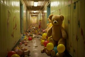Corridor littered children toysand big bear. Generate Ai photo