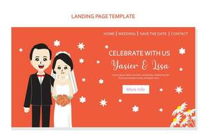 Landing page design template for wedding invitation with cute couple. Vector illustration.