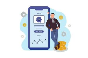 Vector illustration of a man with a smartphone in his hands. The concept of online trading.