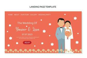 Landing page design template for wedding invitation with cute couple. Vector illustration.