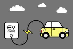 ev coche cargando con ev cargador concepto antecedentes. vector ilustración de nuevo energía vehículo transporte concepto plano diseño. nadie.