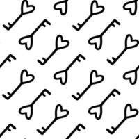 Vintage retro key in the shape of a heart seamless vector pattern. Symbol of love, romance, wedding, mystery. Simple silhouette, master key doodle. Black and white background for packaging, print