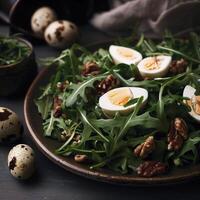 Arugula salad with turkey nuts and quail eggs. AI Generative photo