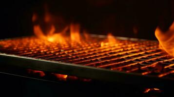 Barbecue spectacle, Empty grill illuminated by vibrant flames, a mesmerizing sight. AI Generated photo