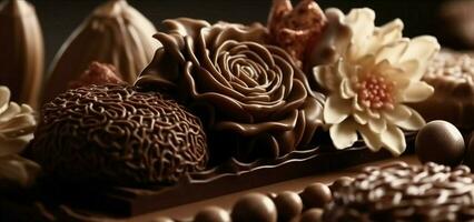 Artful chocolate arrangement, Tempting composition with room for your message. AI Generated photo