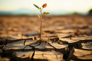 Lone tree sprouts on parched earth, symbolizing climate crisis, water scarcity due to global warming AI Generated photo