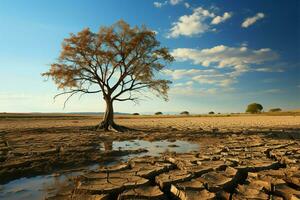 Drought stricken soil bears lone tree, portraying climate changes water shortage impact AI Generated photo