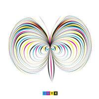 un mariposa hecho de cmyk de colores líneas trama de semitonos punto efecto, un blanco y negro línea dibujo de un letra s un conjunto de cuatro diferente resumen formas icono logo con trama de semitonos punto efecto en blanco antecedentes vector