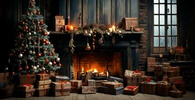 Festive Christmas interior of a house with a Christmas tree and New Year's gifts by the fireplace - AI generated image photo