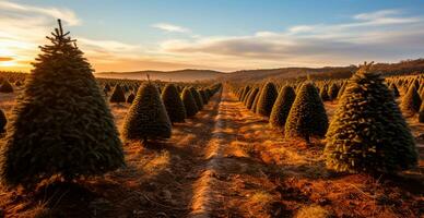 Christmas tree growing in a nursery near the forest. Trees for the holiday. Close-up shot - AI generated image photo