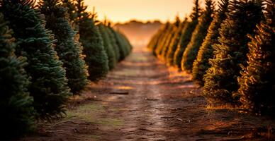 Christmas tree growing in a nursery near the forest. Trees for the holiday. Close-up shot - AI generated image photo