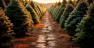 Christmas tree growing in a nursery near the forest. Trees for the holiday. Close-up shot - AI generated image photo