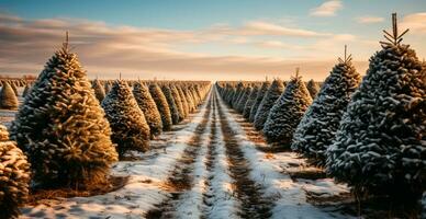 Christmas tree growing in a nursery near the forest. Trees for the holiday. Close-up shot - AI generated image photo