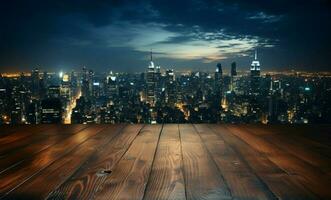 Urban horizon Wooden table under blurred night sky, city buildings softly illuminated AI Generated photo