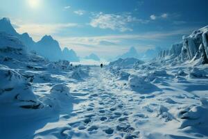 Wintry trek Footprints ascend hill as humans venture through snow covered landscape AI Generated photo