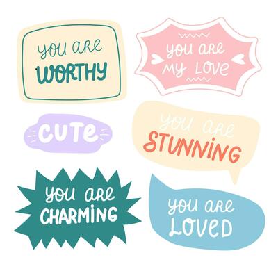 Motivational stickers set. Cute positive badges, lettering, doodle quotes,  stickers. Inspirational quotes. Be yourself, stay positive etc. Vector  illustration. Cute cartoon vector. Flat style inspirat 27529323 Vector Art  at Vecteezy