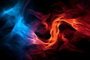 Intertwining red and blue flames mesmerize on a dark background. AI Generated photo