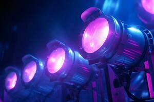 Mysterious purple and blue searchlights pierce through smokey darkness. AI Generated photo