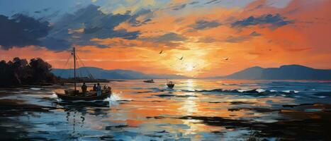 Fishing boat in the sea at sunset. Digital oil color painting. AI Generated. photo