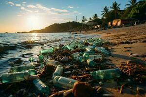 litoral estropeado por descartado el plastico y escombros, personificando terrible playa contaminación Consecuencias ai generado foto