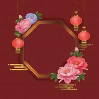 Red Chinese style border with peonies and lanterns, suitable for traditional festivals and Spring Festival vector