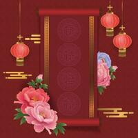 Red Chinese style border with peonies and lanterns, suitable for traditional festivals and Spring Festival vector