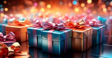 hermosa Navidad regalo caja en brillante bokeh antecedentes - ai generado imagen foto