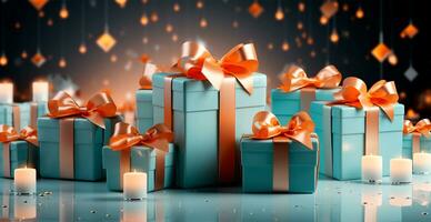 hermosa Navidad regalo caja en brillante bokeh antecedentes - ai generado imagen foto