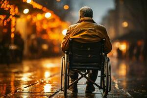 Wheelchair users hands on wheels, showcasing empowerment and the concept of ability AI Generated photo