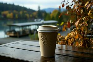 Coffee in paper cup, nature's backdrop Sip of warmth amidst outdoor serenity AI Generated photo