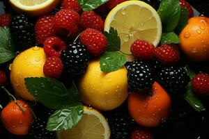 vívido Fruta formación, bayas, agrios, manzanas, licuado jugos un vibrante, sano conjunto ai generado foto