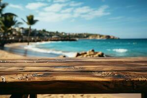 Coastal platform Wooden deck amid blurred beach scenery, ideal for product presentation AI Generated photo