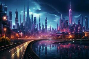 futurista noche ciudad paisaje urbano en un oscuro antecedentes con brillante y brillante neón púrpura y azul luces cyberpunk y retro ola estilo ilustración ai generado foto