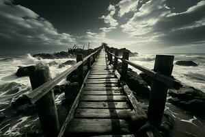 Noir coastal scene, Fishing jetty depicted in evocative black and white tones AI Generated photo