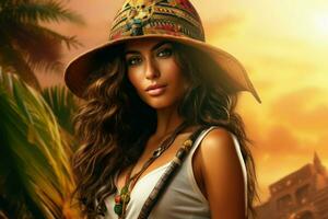 Egipto mujer sombrero excursión operador. generar ai foto