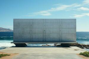 Billboard by the waves Unfilled display contrasting with sea background on beach AI Generated photo