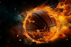 Basketball speeds toward the hoop, flames trail its rapid journey AI Generated photo