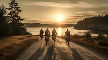 The Beauty of Nature, Back View of Cyclists on a Scenic Sunset Road AI Generated photo