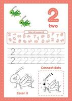 Educational worksheets for preschool kids. Many exercises for toddlers. Learning number 2. Trace, color, dot to dot on one page vector