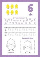 Trace, color, dot to dot. Exercises for preschool kids. Activity worksheets for children.  Learning numbers. Number 6. vector