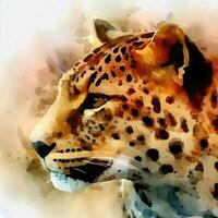 Watercolor style painting of a cheetah leopard on the African savannah. Created with Ai. photo