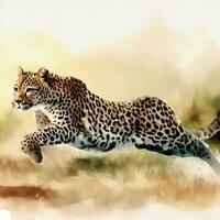 Watercolor style painting of a cheetah leopard on the African savannah. Created with Ai. photo